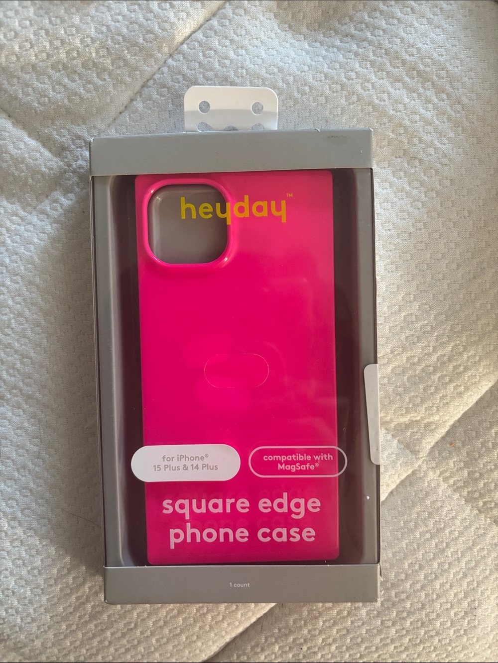 heyday Hot Pink Square Edge Phone Case for iPhone 15 Plus & 14 Plus.